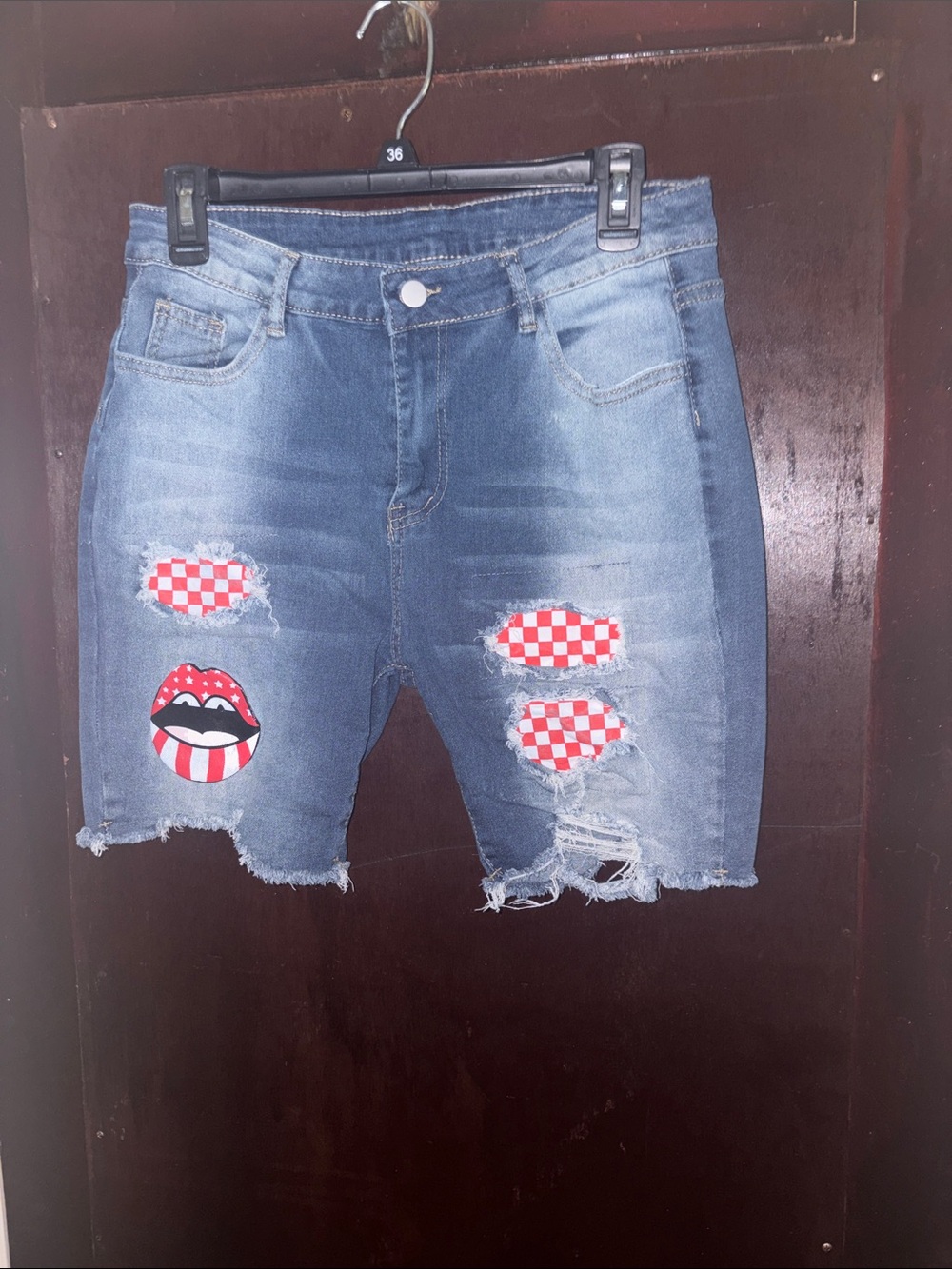 Distressed Mid-Blue Denim Shorts with Red Checker & Lips Patches